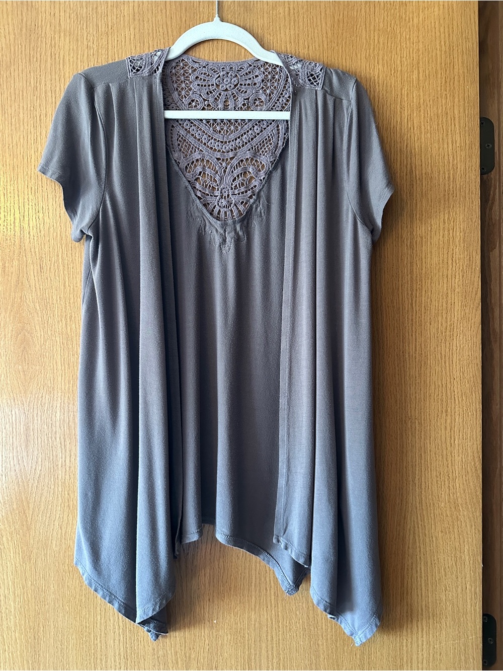 Apt 9 Taupe Open Front Cardigan L Crochet Lace Back Short Sleeve